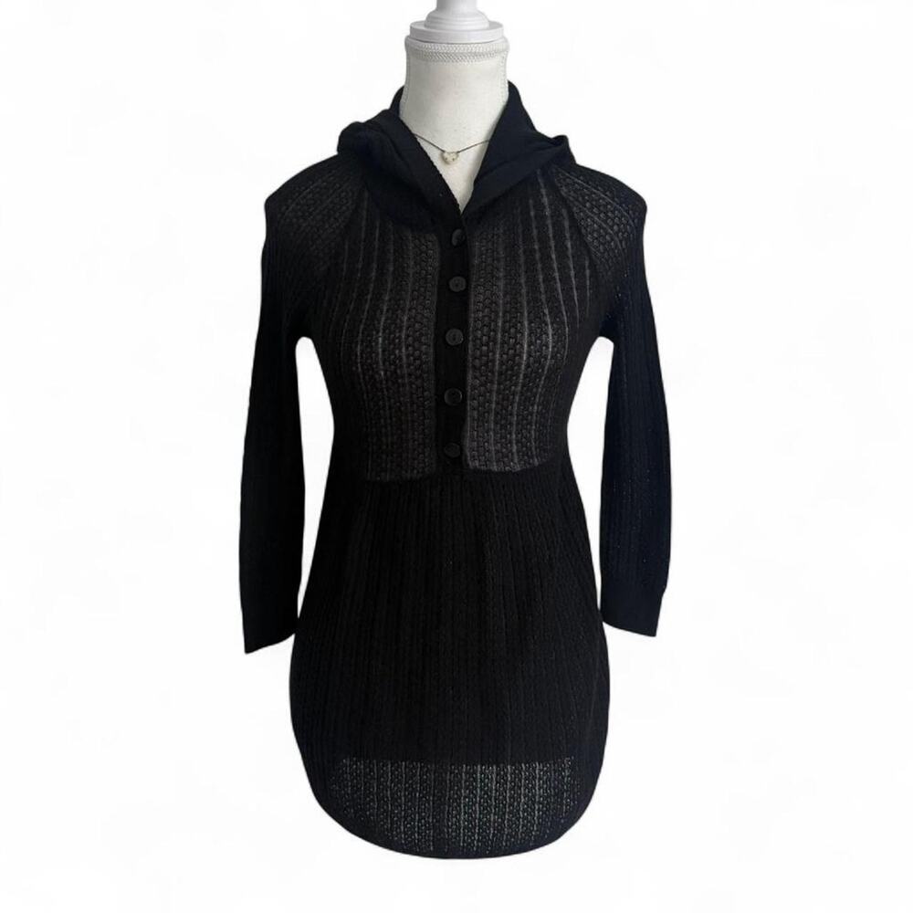 Moda International Black Baby Doll Knit Sweater Top Hood Size Small 100%Cotton